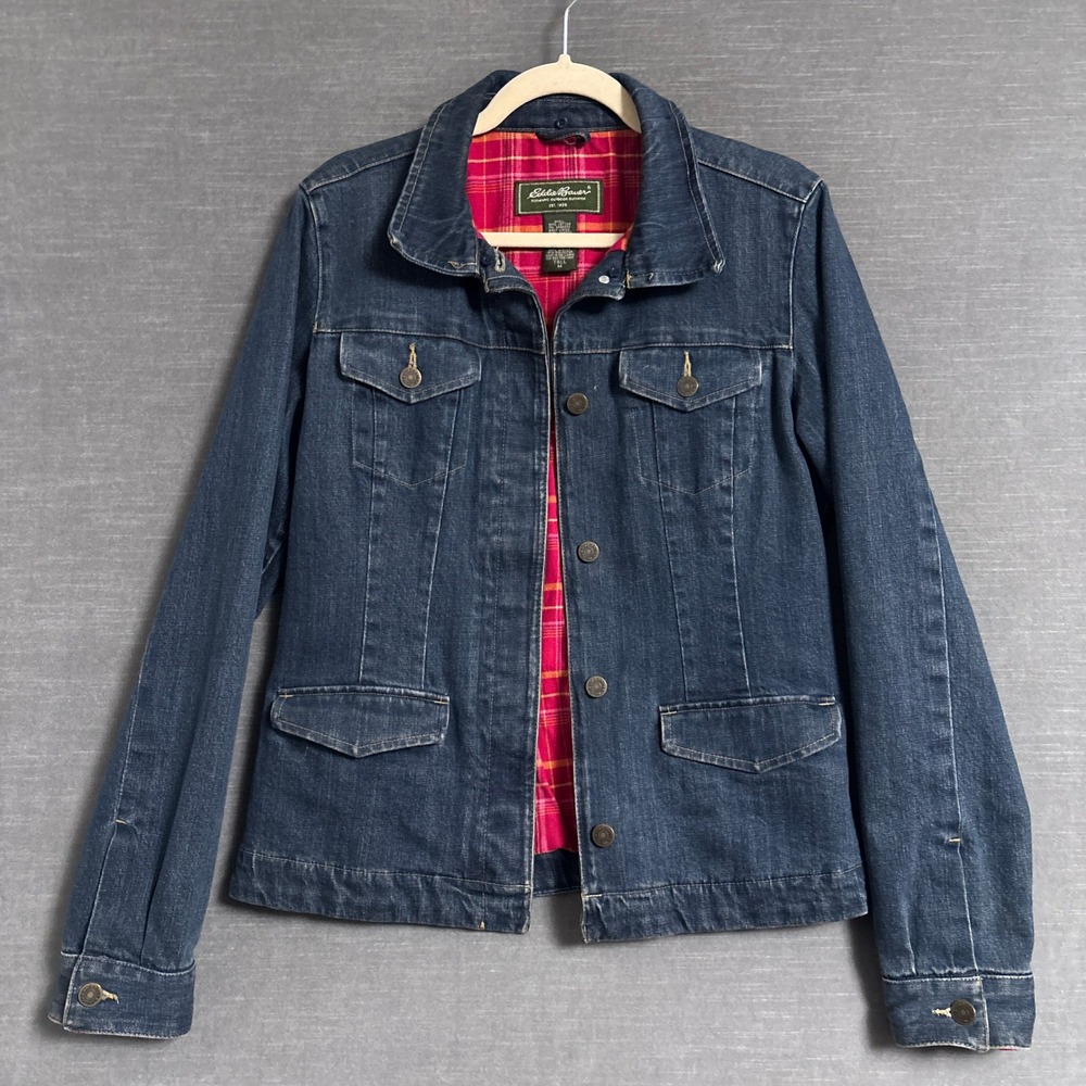 Eddie Bauer Jacket M Tall Blue Pink Cotton Chore Trucker Flannel Lined Outdoor